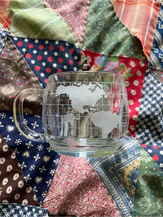 Vintage Nestlé World Globe Etched Glass Mug Frosted & Clear 6 oz 1970s